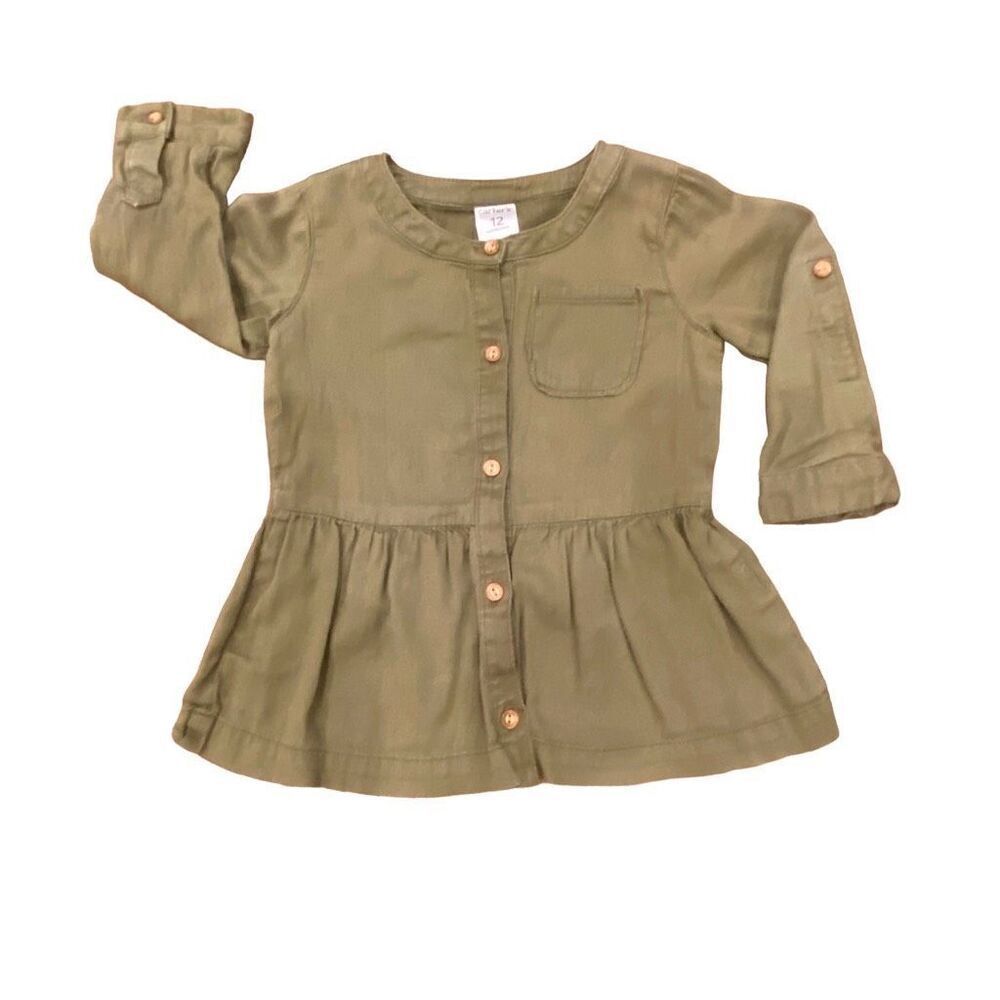 Carters Olive Green Button Front Blouse Roll Up Sleeve Size 12 M